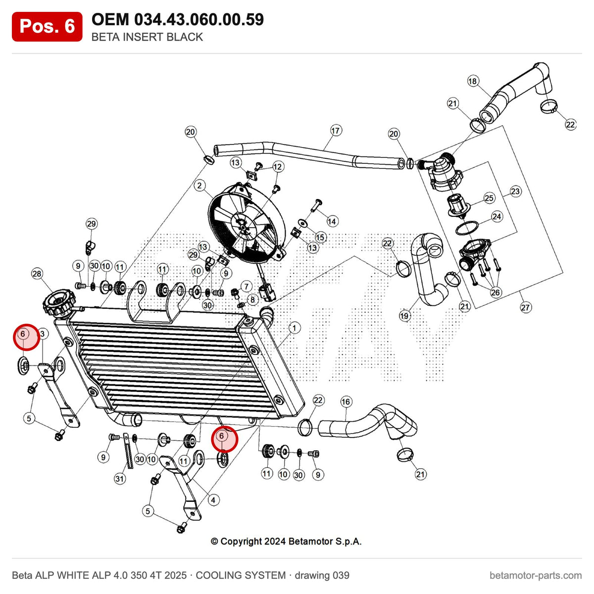 BETA INSERT BLACK – OEM 034.43.060.00.59, position 6 on the Beta ALP WHITE ALP 4.0 350 4T 2025 cooling system drawing