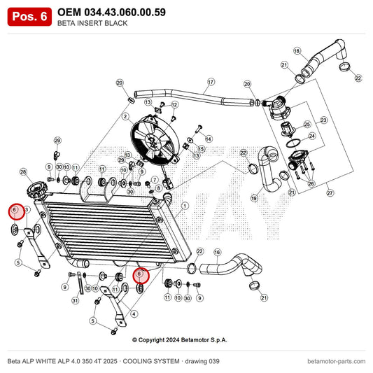 BETA INSERT BLACK – OEM 034.43.060.00.59, position 6 on the Beta ALP WHITE ALP 4.0 350 4T 2025 cooling system drawing