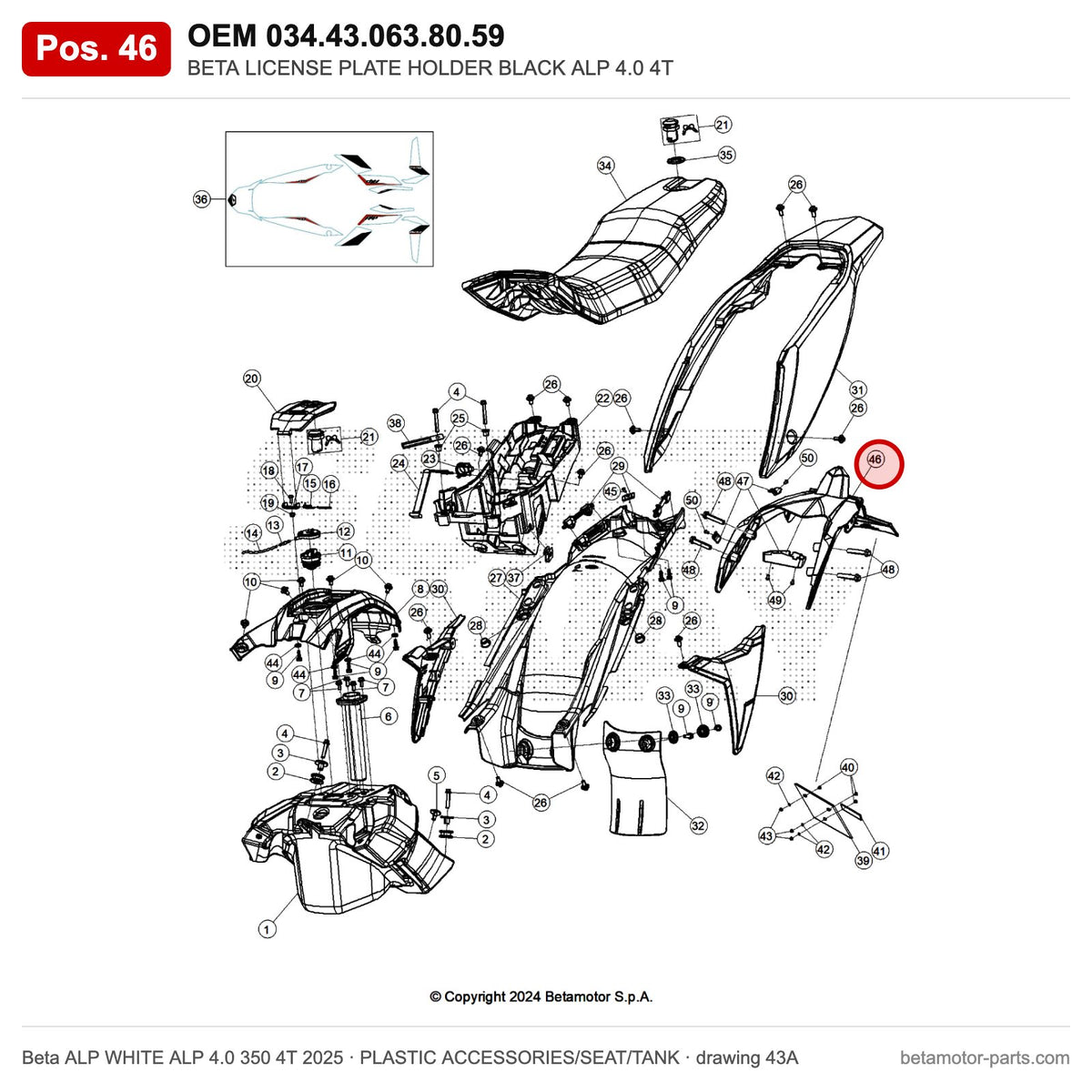 BETA LICENSE PLATE HOLDER BLACK ALP 4.0 4T – OEM 034.43.063.80.59, position 46 on the Beta ALP WHITE ALP 4.0 350 4T 2025 plastic accessories/seat/tank drawing