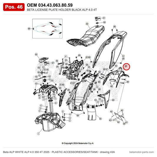BETA LICENSE PLATE HOLDER BLACK ALP 4.0 4T – OEM 034.43.063.80.59, position 46 on the Beta ALP WHITE ALP 4.0 350 4T 2025 plastic accessories/seat/tank drawing