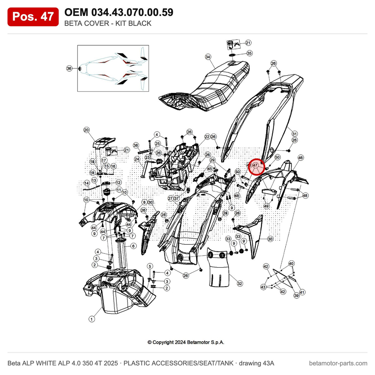 BETA COVER - KIT BLACK – OEM 034.43.070.00.59, position 47 on the Beta ALP WHITE ALP 4.0 350 4T 2025 plastic accessories/seat/tank drawing