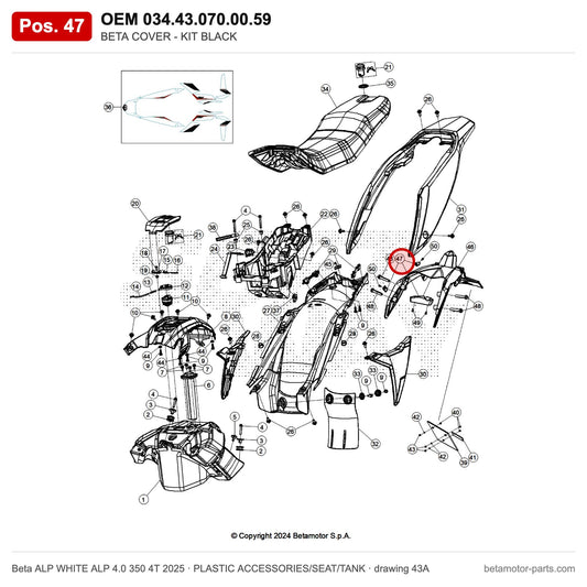 BETA COVER - KIT BLACK – OEM 034.43.070.00.59, position 47 on the Beta ALP WHITE ALP 4.0 350 4T 2025 plastic accessories/seat/tank drawing