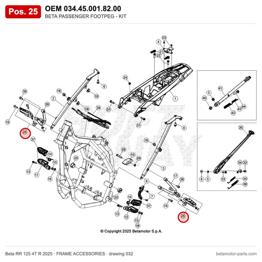 BETA PASSENGER FOOTPEG - KIT – OEM 034.45.001.82.00, position 25 on the Beta RR 125 4T R 2025 frame accessories drawing