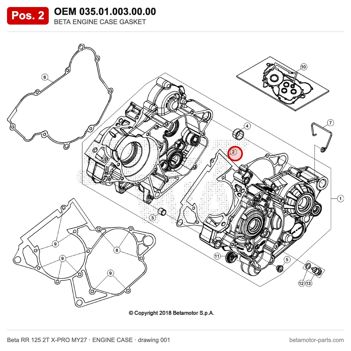 BETA ENGINE CASE GASKET – OEM 035.01.003.00.00, position 2 on the Beta RR 125 2T X-PRO MY27 engine case drawing