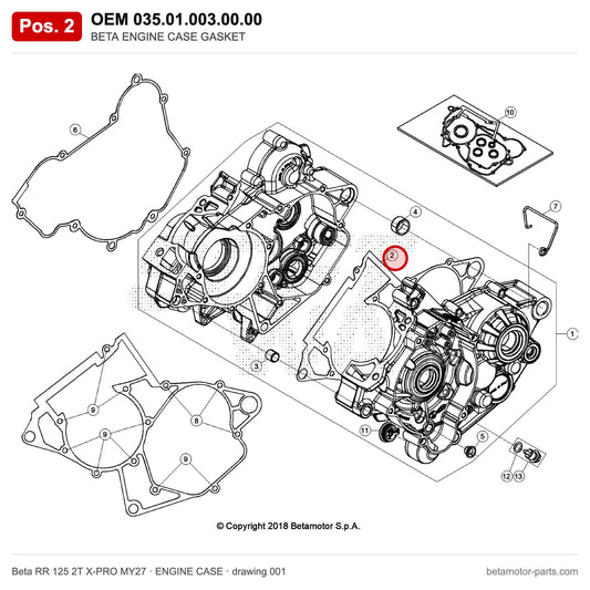 BETA ENGINE CASE GASKET – OEM 035.01.003.00.00, position 2 on the Beta RR 125 2T X-PRO MY27 engine case drawing
