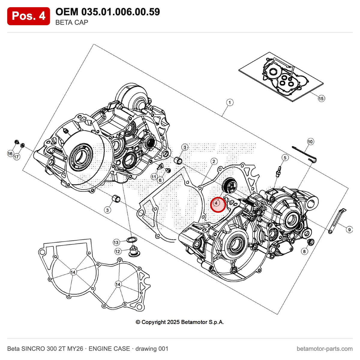 BETA CAP – OEM 035.01.006.00.59, position 4 on the Beta SINCRO 300 2T MY26 engine case drawing