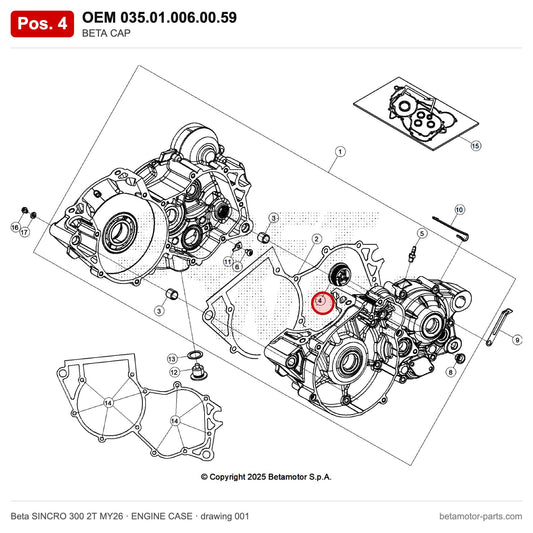 BETA CAP – OEM 035.01.006.00.59, position 4 on the Beta SINCRO 300 2T MY26 engine case drawing
