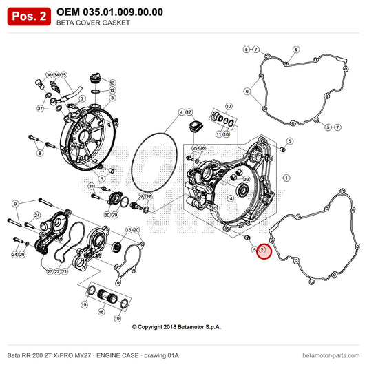 BETA COVER GASKET – OEM 035.01.009.00.00, position 2 on the Beta RR 200 2T X-PRO MY27 engine case drawing