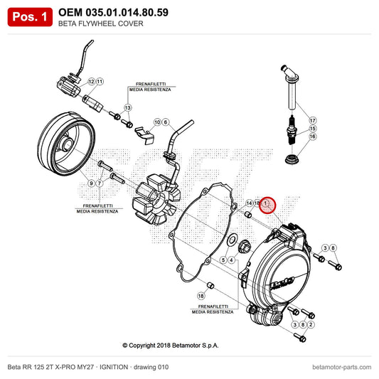 BETA FLYWHEEL COVER – OEM 035.01.014.80.59, position 1 on the Beta RR 125 2T X-PRO MY27 ignition drawing