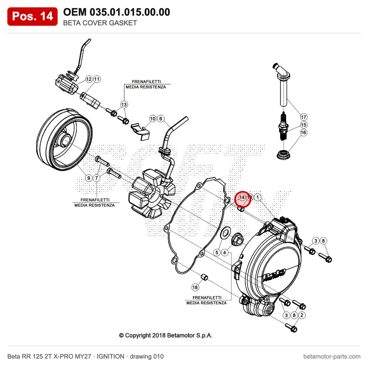 BETA COVER GASKET – OEM 035.01.015.00.00, position 14 on the Beta RR 125 2T X-PRO MY27 ignition drawing