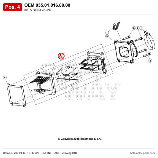 BETA REED VALVE – OEM 035.01.016.80.00, position 4 on the Beta RR 200 2T X-PRO MY27 engine case drawing