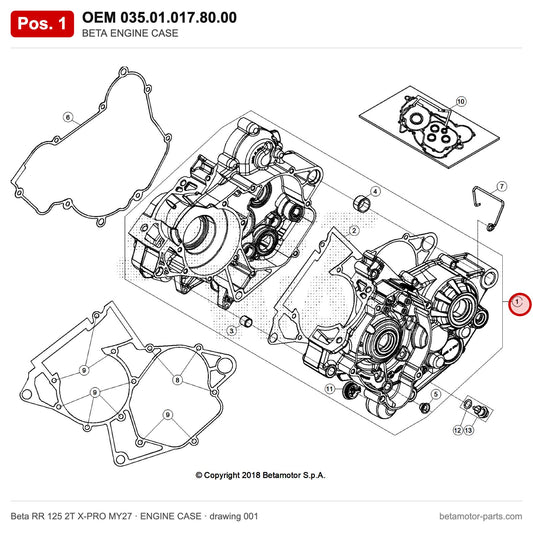 BETA ENGINE CASE – OEM 035.01.017.80.00, position 1 on the Beta RR 125 2T X-PRO MY27 engine case drawing