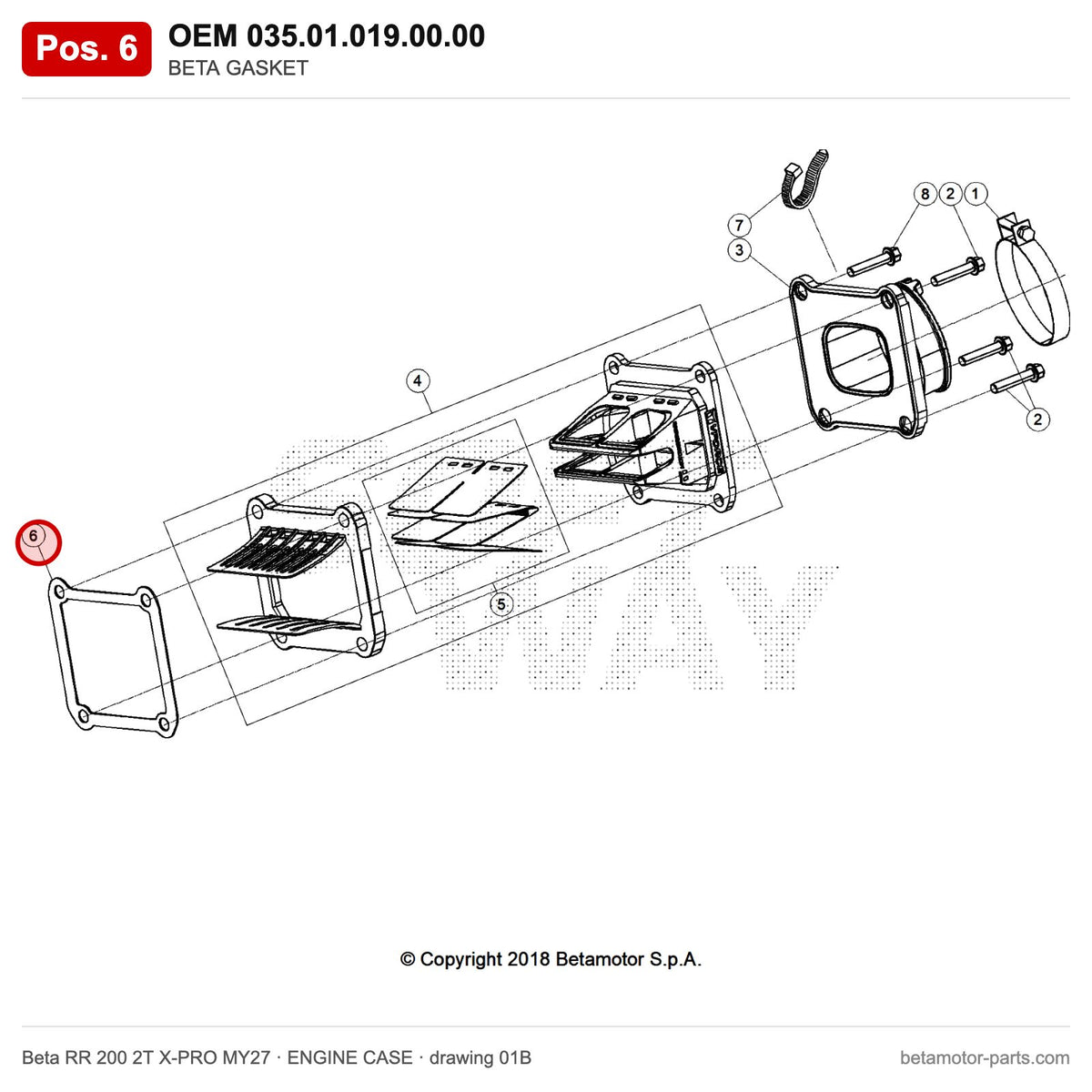 BETA GASKET – OEM 035.01.019.00.00, position 6 on the Beta RR 200 2T X-PRO MY27 engine case drawing