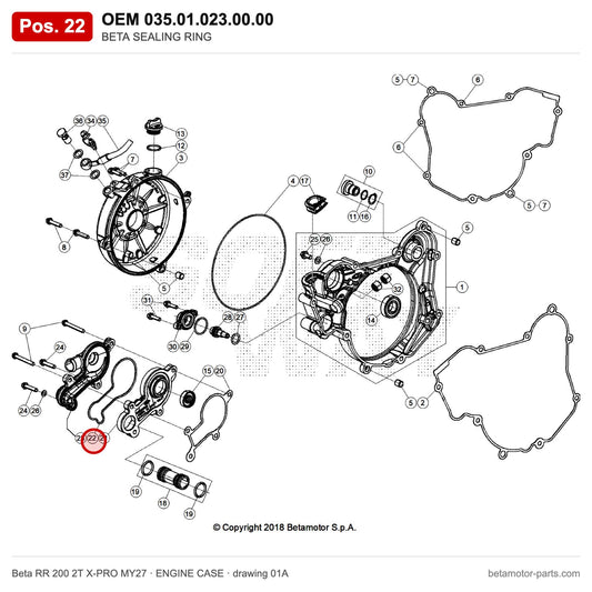 BETA SEALING RING – OEM 035.01.023.00.00, position 22 on the Beta RR 200 2T X-PRO MY27 engine case drawing