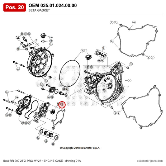 BETA GASKET – OEM 035.01.024.00.00, position 20 on the Beta RR 200 2T X-PRO MY27 engine case drawing