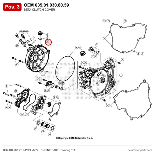 BETA CLUTCH COVER – OEM 035.01.030.80.59, position 3 on the Beta RR 200 2T X-PRO MY27 engine case drawing