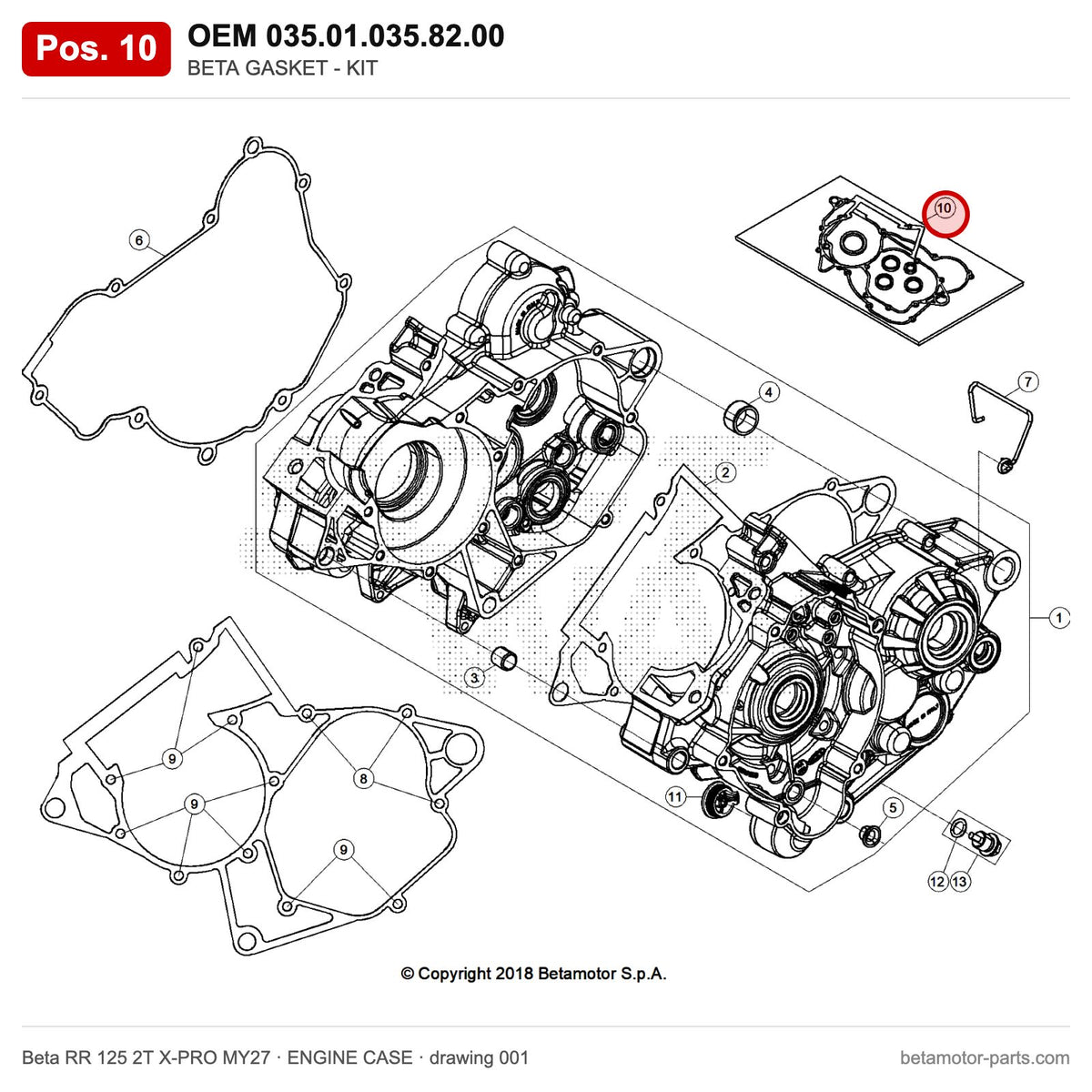BETA GASKET - KIT – OEM 035.01.035.82.00, position 10 on the Beta RR 125 2T X-PRO MY27 engine case drawing