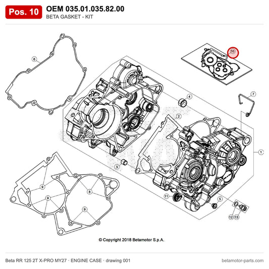 BETA GASKET - KIT – OEM 035.01.035.82.00, position 10 on the Beta RR 125 2T X-PRO MY27 engine case drawing