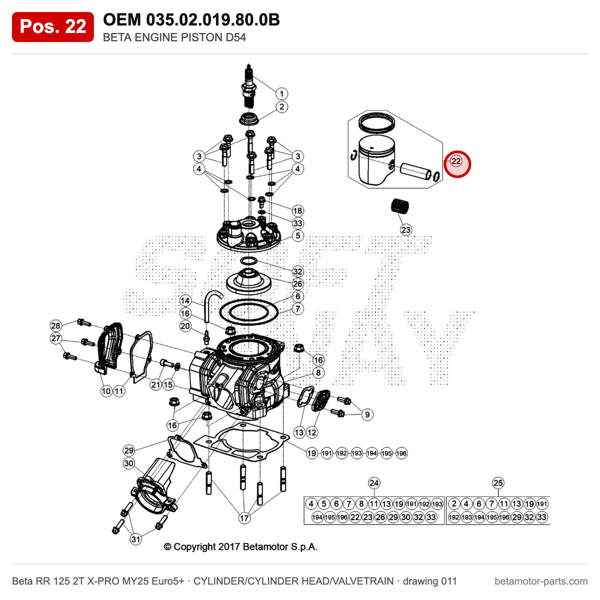 BETA ENGINE PISTON D54 – OEM 035.02.019.80.0B, position 22 on the Beta RR 125 2T X-PRO MY25 Euro5+ cylinder/cylinder head/valvetrain drawing