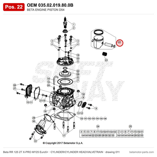 BETA ENGINE PISTON D54 – OEM 035.02.019.80.0B, position 22 on the Beta RR 125 2T X-PRO MY25 Euro5+ cylinder/cylinder head/valvetrain drawing