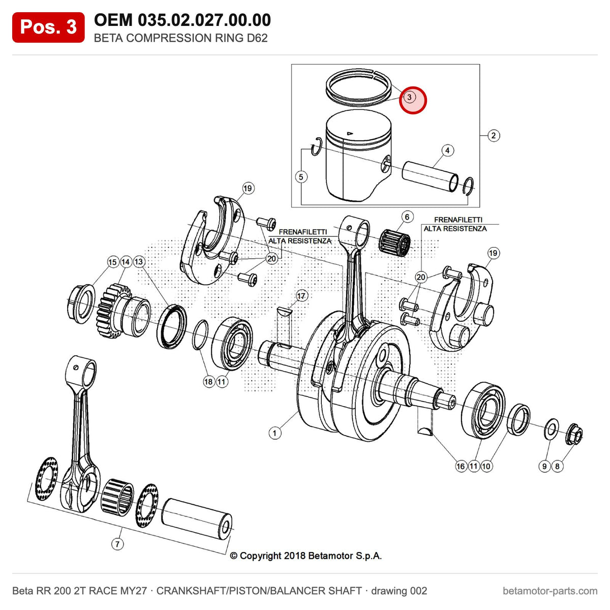 BETA COMPRESSION RING D62 – OEM 035.02.027.00.00, position 3 on the Beta RR 200 2T RACE MY27 crankshaft/piston/balancer shaft drawing
