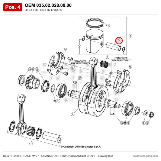 BETA PISTON PIN D16X50 – OEM 035.02.028.00.00, position 4 on the Beta RR 200 2T RACE MY27 crankshaft/piston/balancer shaft drawing