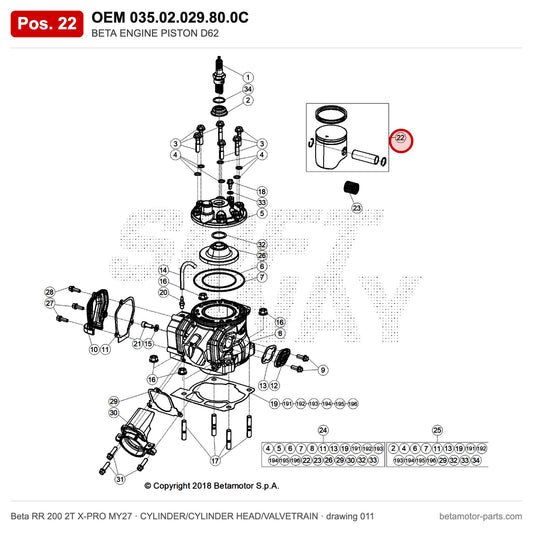 BETA ENGINE PISTON D62 – OEM 035.02.029.80.0C, position 22 on the Beta RR 200 2T X-PRO MY27 cylinder/cylinder head/valvetrain drawing