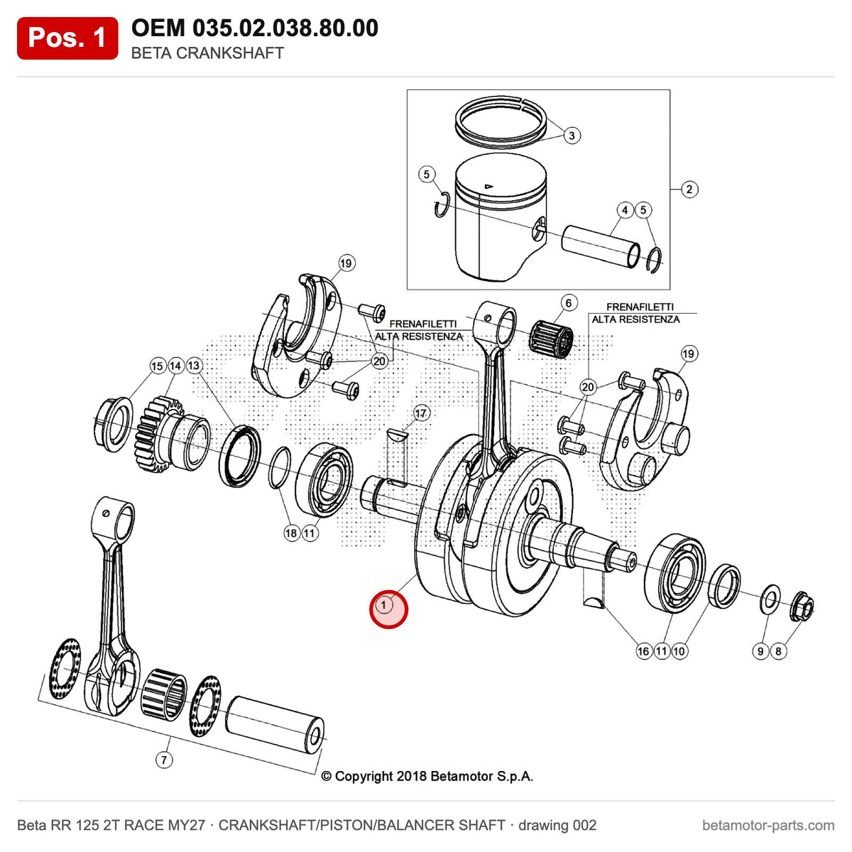 BETA CRANKSHAFT – OEM 035.02.038.80.00, position 1 on the Beta RR 125 2T RACE MY27 crankshaft/piston/balancer shaft drawing