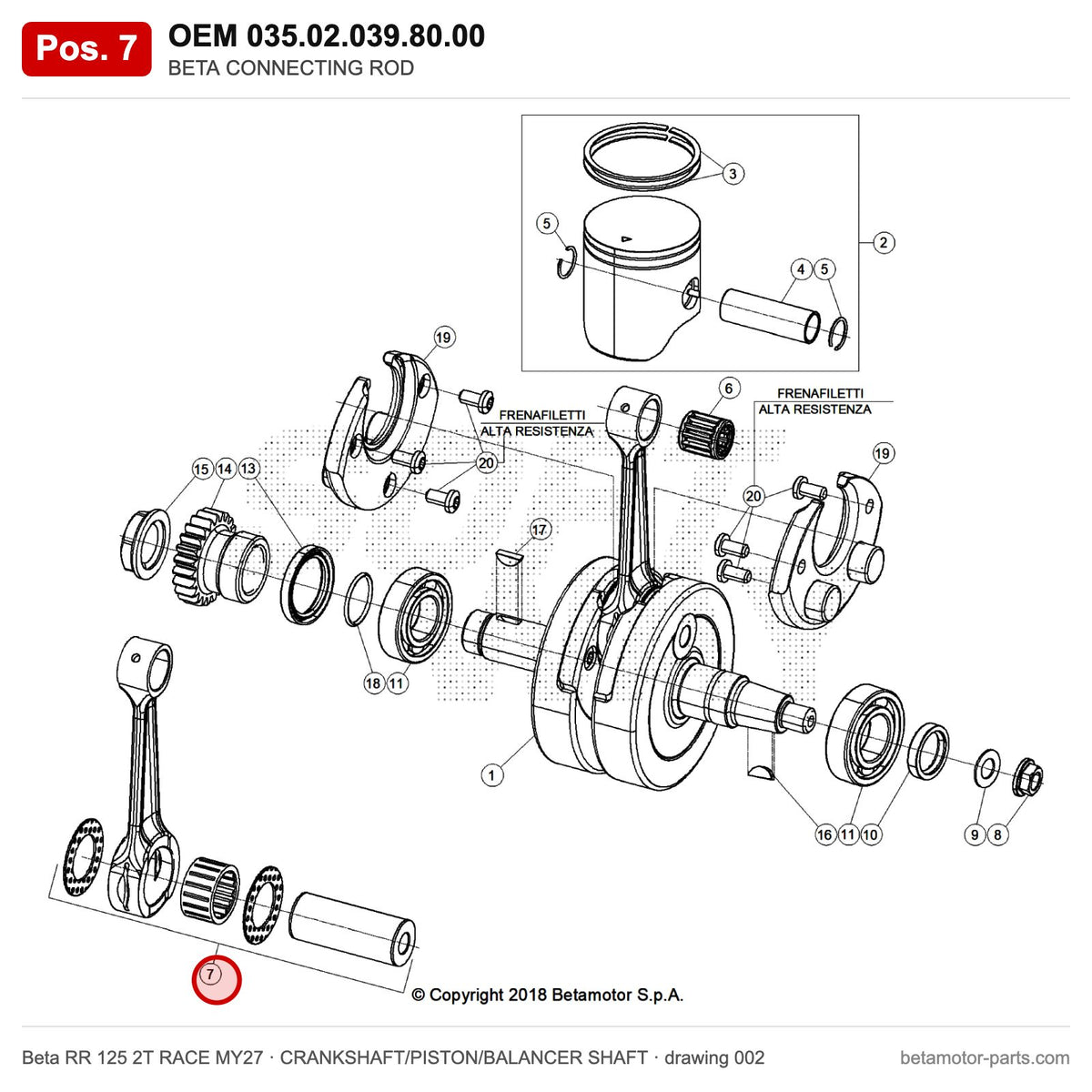 BETA CONNECTING ROD – OEM 035.02.039.80.00, position 7 on the Beta RR 125 2T RACE MY27 crankshaft/piston/balancer shaft drawing