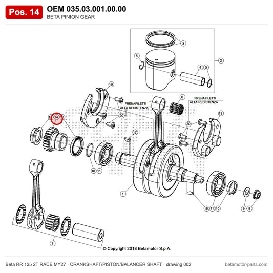 BETA PINION GEAR – OEM 035.03.001.00.00, position 14 on the Beta RR 125 2T RACE MY27 crankshaft/piston/balancer shaft drawing
