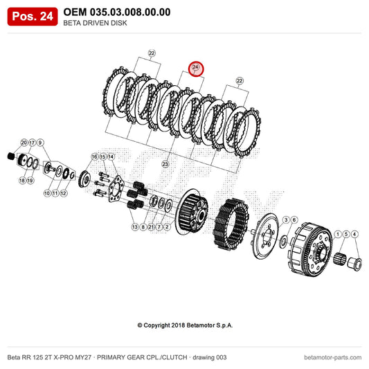 BETA DRIVEN DISK – OEM 035.03.008.00.00, position 24 on the Beta RR 125 2T X-PRO MY27 primary gear cpl./clutch drawing
