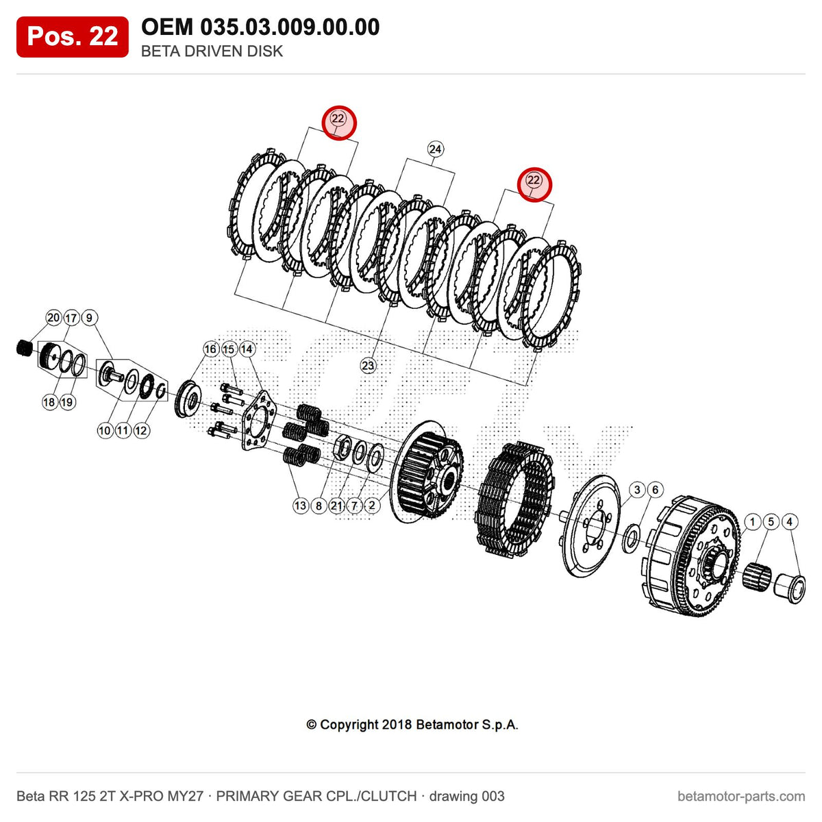 BETA DRIVEN DISK – OEM 035.03.009.00.00, position 22 on the Beta RR 125 2T X-PRO MY27 primary gear cpl./clutch drawing