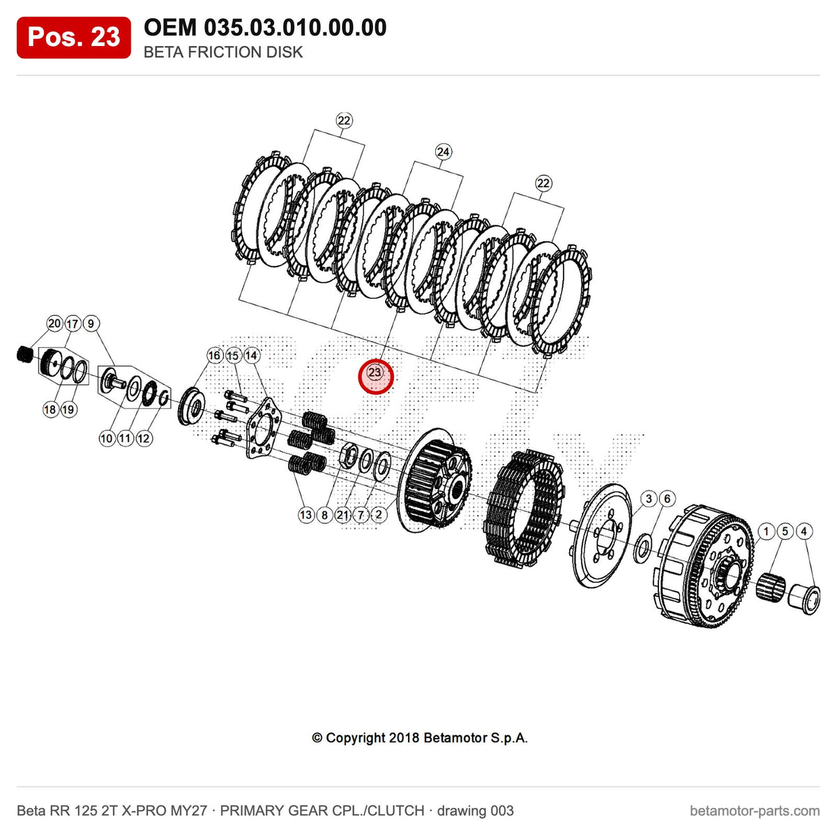 BETA FRICTION DISK – OEM 035.03.010.00.00, position 23 on the Beta RR 125 2T X-PRO MY27 primary gear cpl./clutch drawing