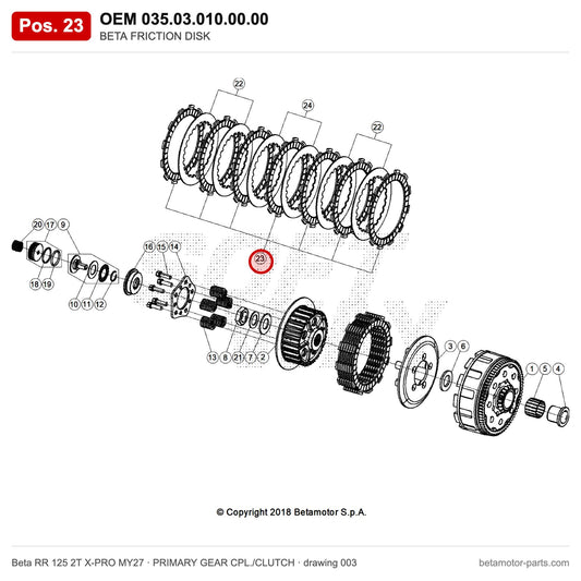 BETA FRICTION DISK – OEM 035.03.010.00.00, position 23 on the Beta RR 125 2T X-PRO MY27 primary gear cpl./clutch drawing