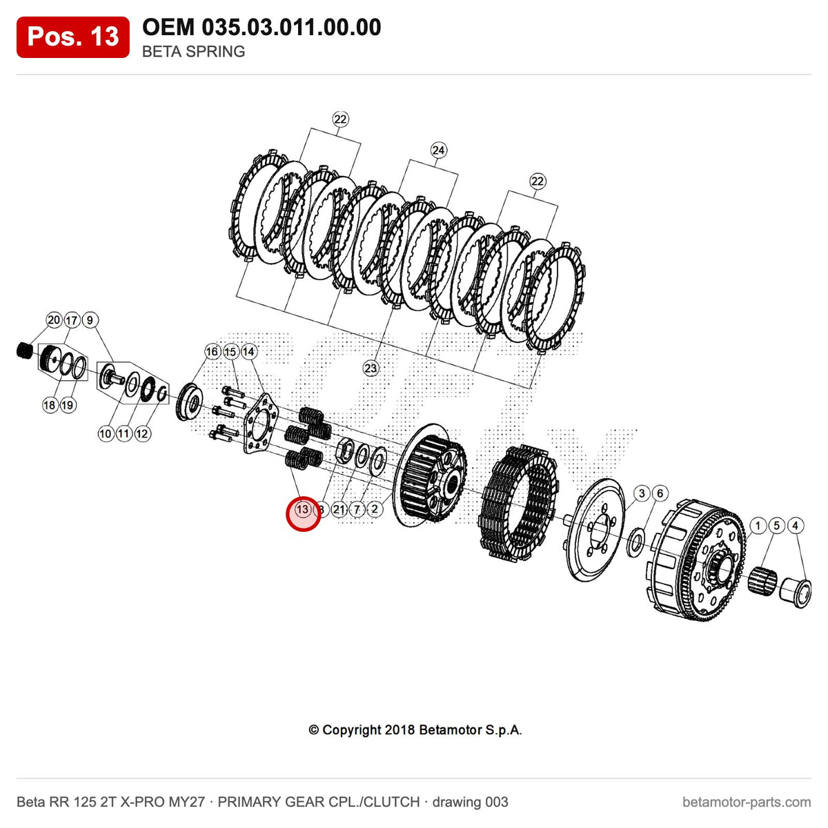 BETA SPRING – OEM 035.03.011.00.00, position 13 on the Beta RR 125 2T X-PRO MY27 primary gear cpl./clutch drawing