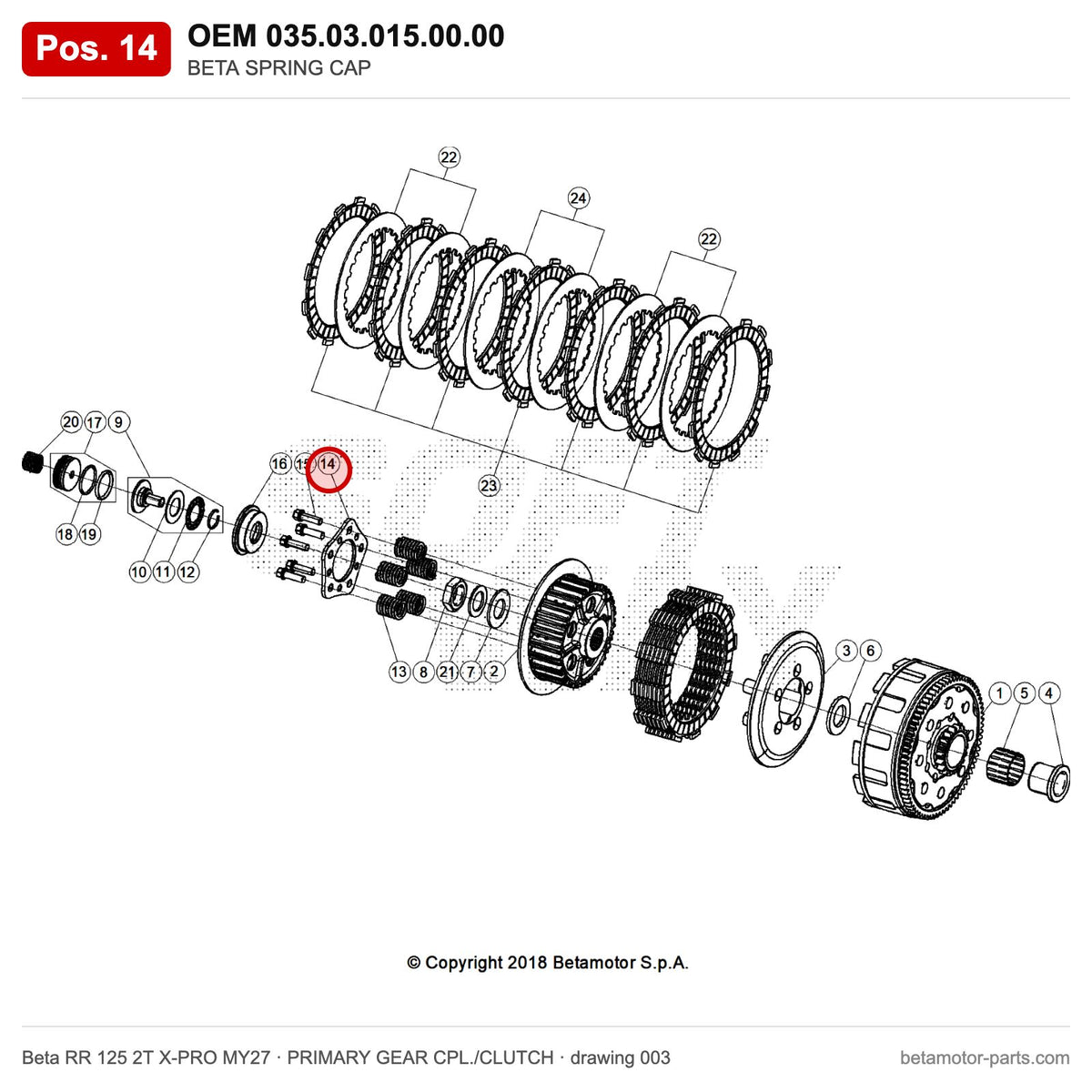 BETA SPRING CAP – OEM 035.03.015.00.00, position 14 on the Beta RR 125 2T X-PRO MY27 primary gear cpl./clutch drawing