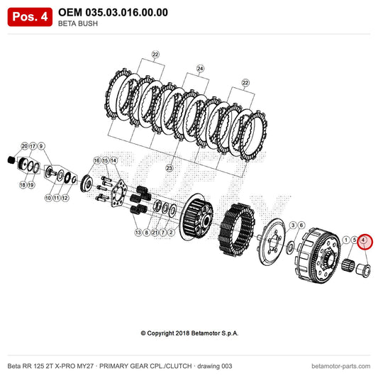 BETA BUSH – OEM 035.03.016.00.00, position 4 on the Beta RR 125 2T X-PRO MY27 primary gear cpl./clutch drawing