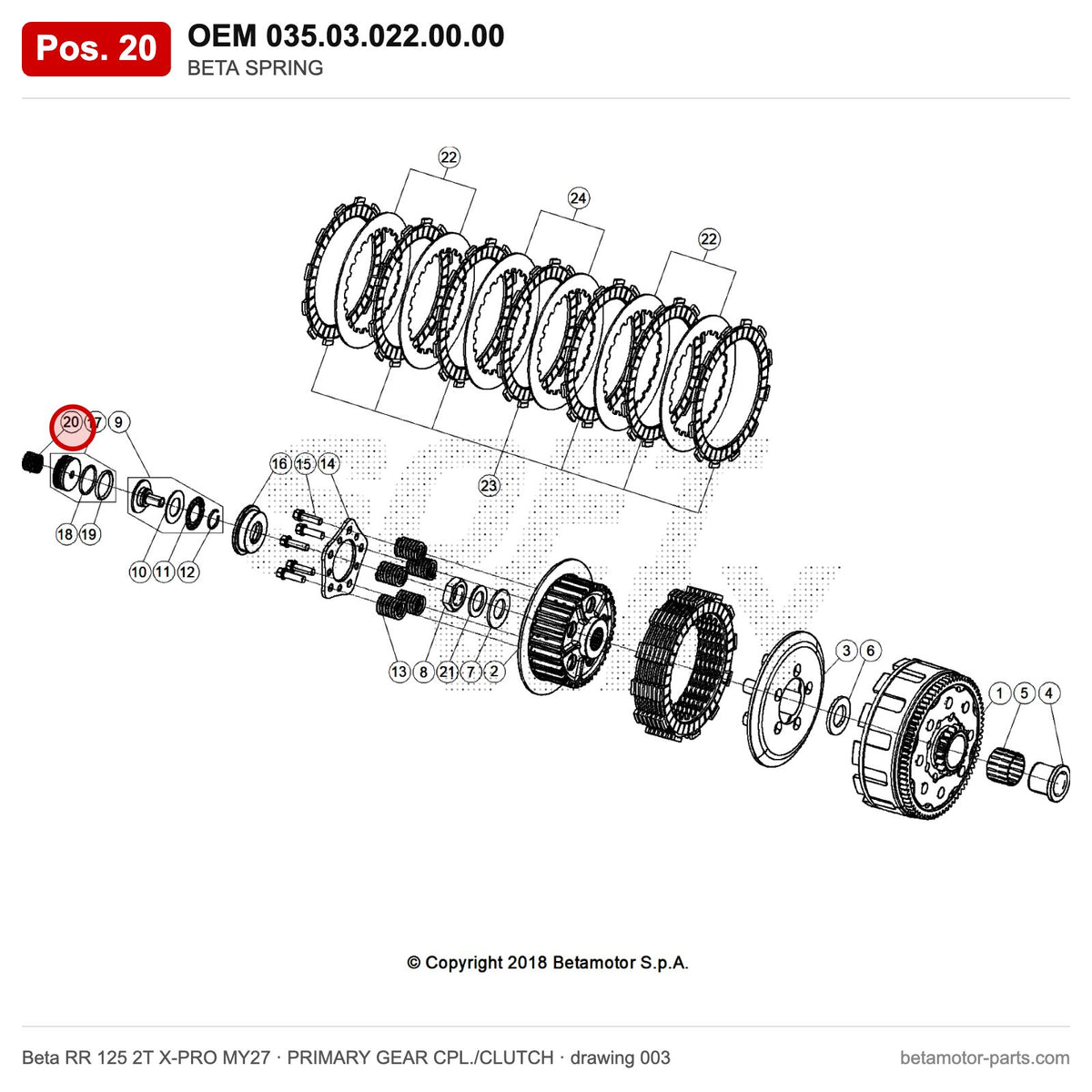 BETA SPRING – OEM 035.03.022.00.00, position 20 on the Beta RR 125 2T X-PRO MY27 primary gear cpl./clutch drawing