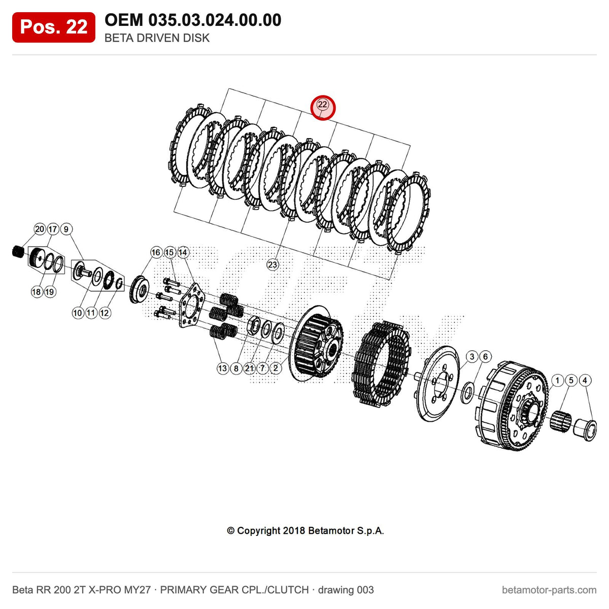 BETA DRIVEN DISK – OEM 035.03.024.00.00, position 22 on the Beta RR 200 2T X-PRO MY27 primary gear cpl./clutch drawing