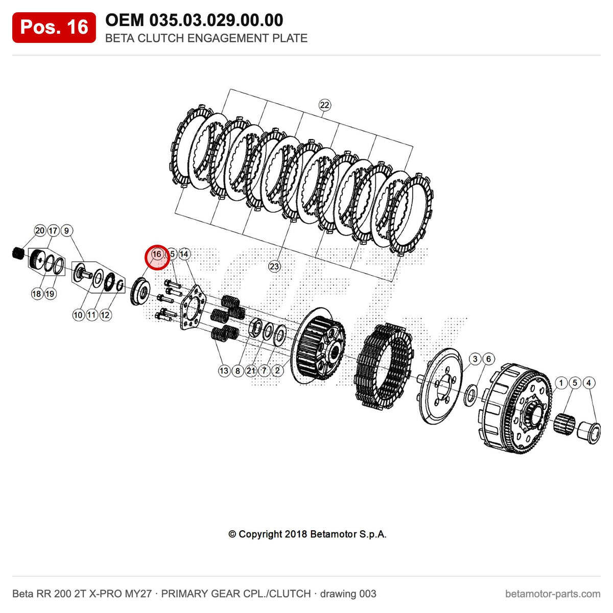 BETA CLUTCH ENGAGEMENT PLATE – OEM 035.03.029.00.00, position 16 on the Beta RR 200 2T X-PRO MY27 primary gear cpl./clutch drawing