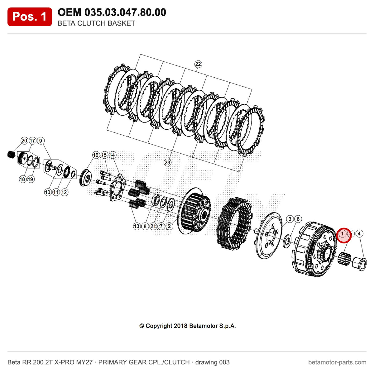 BETA CLUTCH BASKET – OEM 035.03.047.80.00, position 1 on the Beta RR 200 2T X-PRO MY27 primary gear cpl./clutch drawing