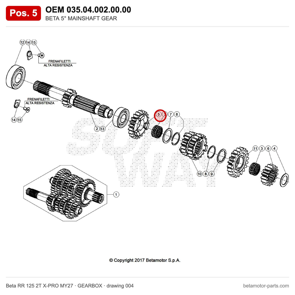 BETA 5° MAINSHAFT GEAR – OEM 035.04.002.00.00, position 5 on the Beta RR 125 2T X-PRO MY27 gearbox drawing