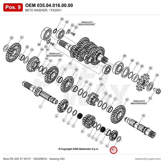 BETA WASHER, 17X25X1 – OEM 035.04.016.00.00, position 9 on the Beta RX 250 4T MY27 gearbox drawing