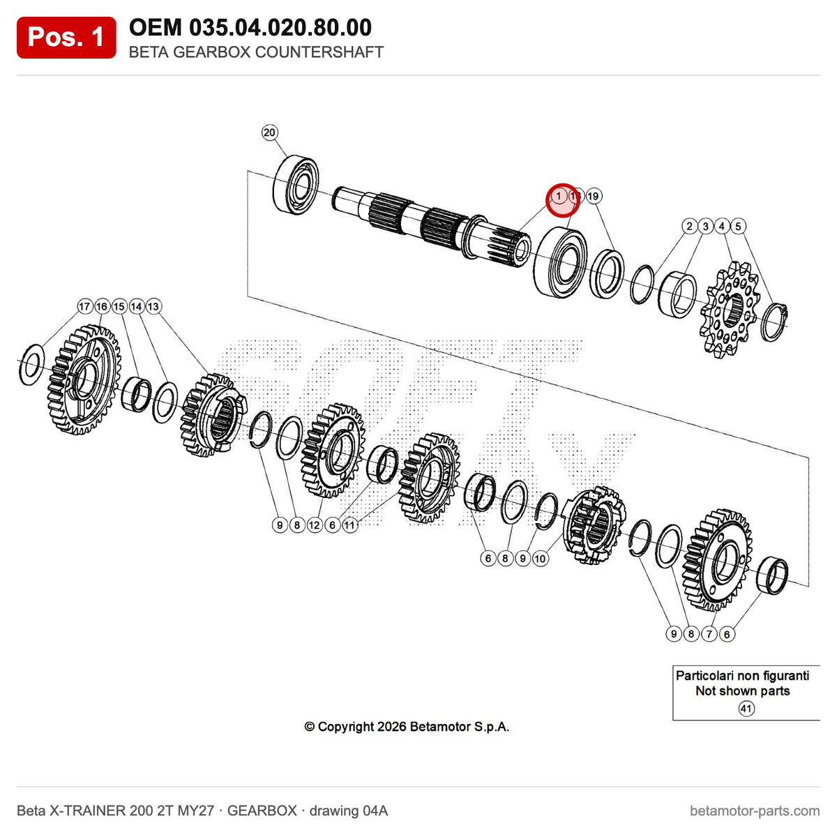 BETA GEARBOX COUNTERSHAFT – OEM 035.04.020.80.00, position 1 on the Beta X-TRAINER 200 2T MY27 gearbox drawing
