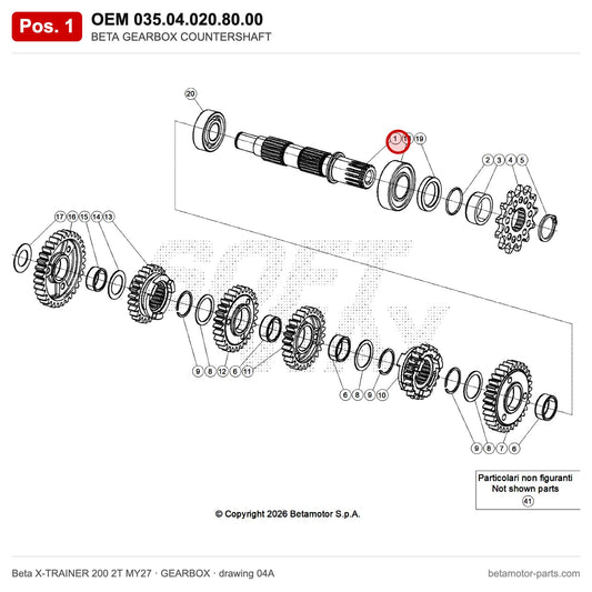 BETA GEARBOX COUNTERSHAFT – OEM 035.04.020.80.00, position 1 on the Beta X-TRAINER 200 2T MY27 gearbox drawing