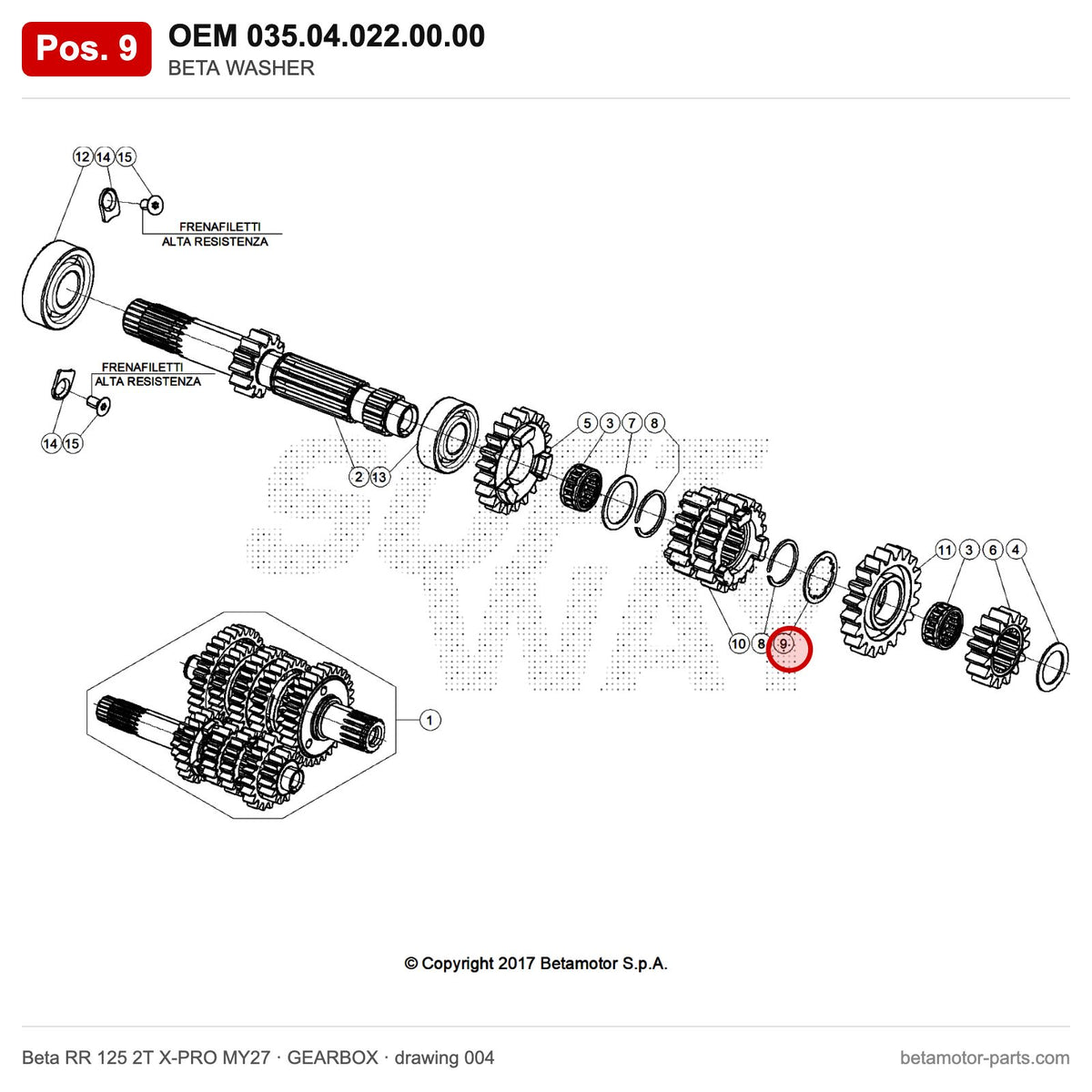 BETA WASHER – OEM 035.04.022.00.00, position 9 on the Beta RR 125 2T X-PRO MY27 gearbox drawing