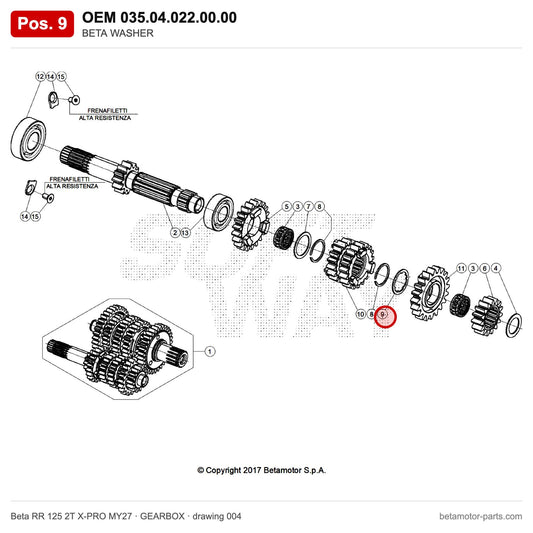 BETA WASHER – OEM 035.04.022.00.00, position 9 on the Beta RR 125 2T X-PRO MY27 gearbox drawing