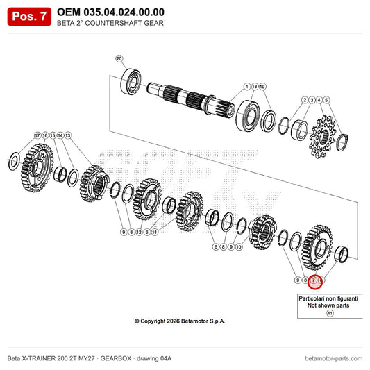 BETA 2° COUNTERSHAFT GEAR – OEM 035.04.024.00.00, position 7 on the Beta X-TRAINER 200 2T MY27 gearbox drawing