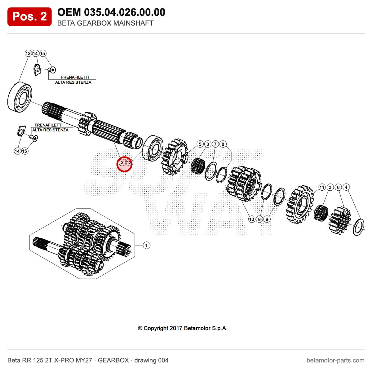 BETA GEARBOX MAINSHAFT – OEM 035.04.026.00.00, position 2 on the Beta RR 125 2T X-PRO MY27 gearbox drawing