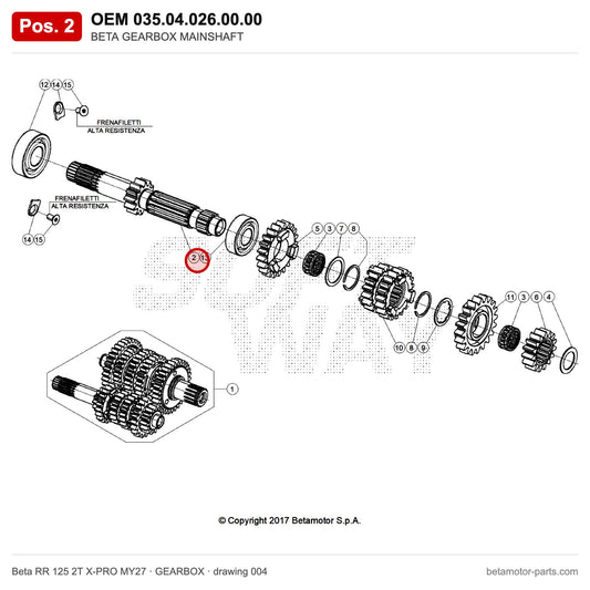 BETA GEARBOX MAINSHAFT – OEM 035.04.026.00.00, position 2 on the Beta RR 125 2T X-PRO MY27 gearbox drawing
